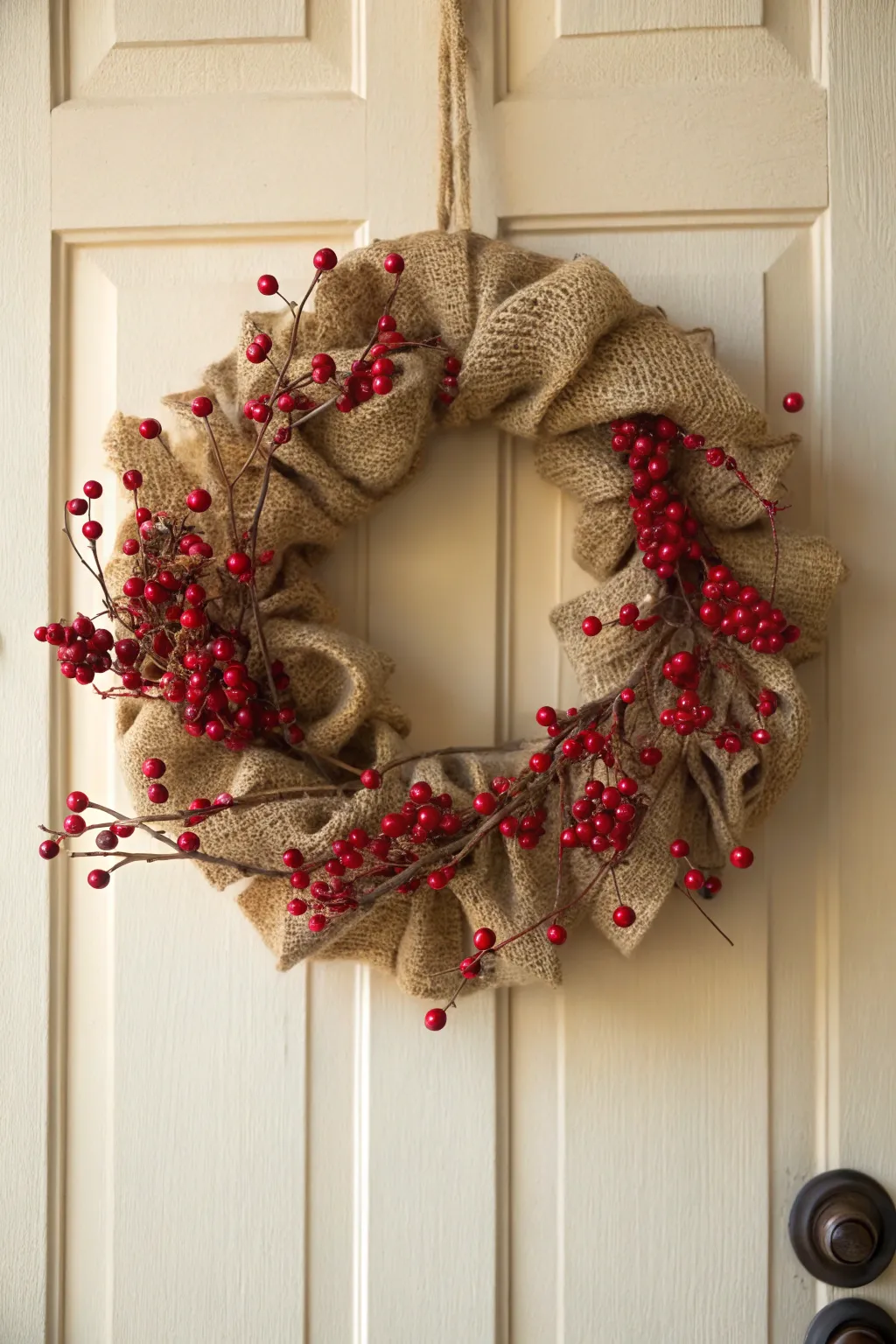 Transform your holiday decor with a Berry Merry Burlap wreath—where rustic meets vibrant elegance.