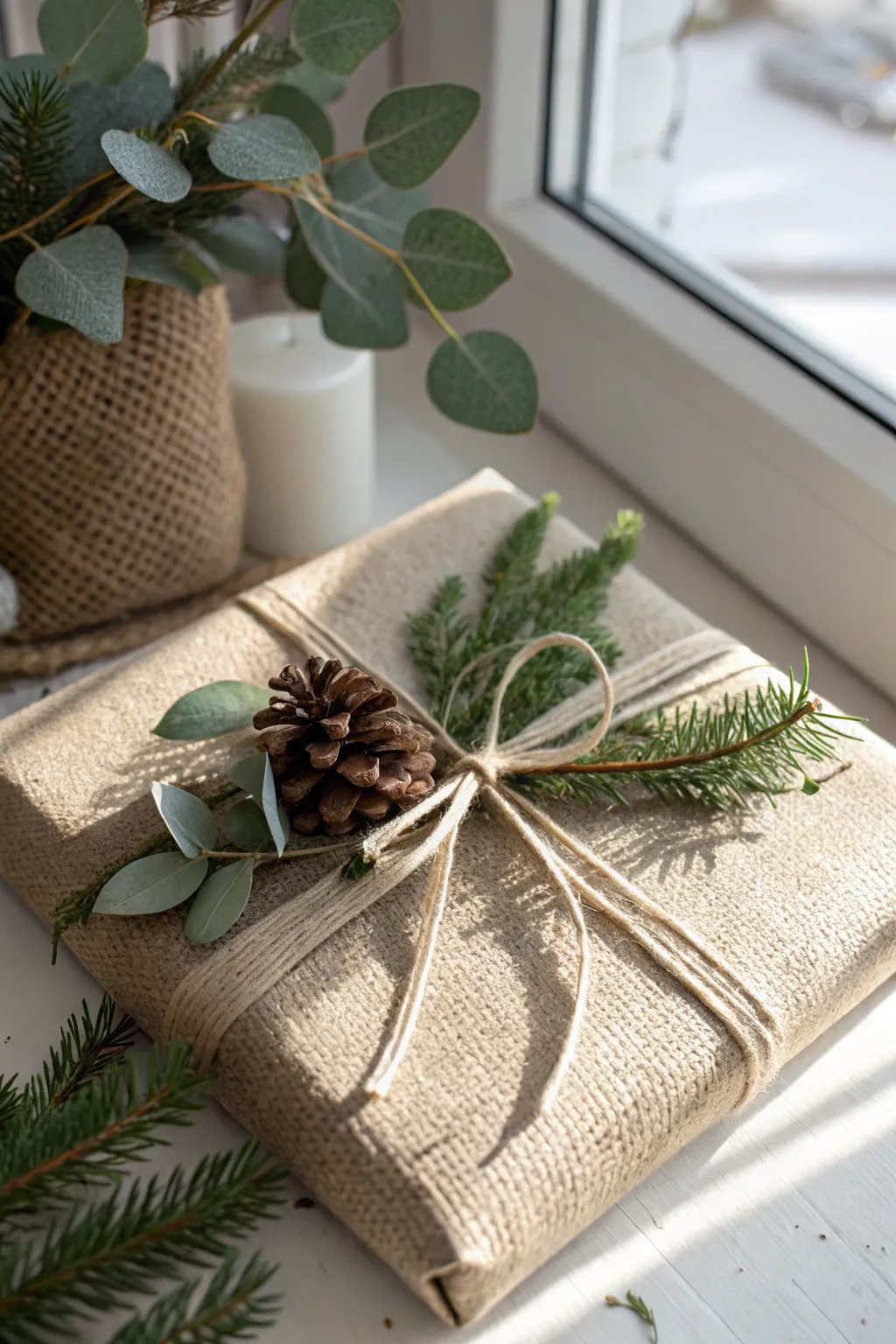 Embrace nature's elegance with burlap and greenery for the perfect gift wrap touch.