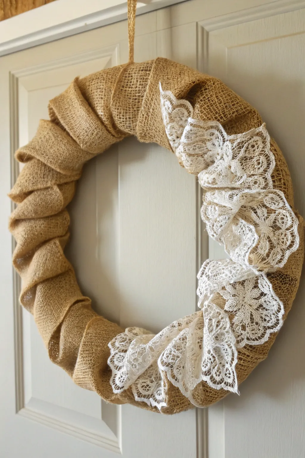 Embrace rustic romance with a lace-adorned burlap wreath, the perfect touch of elegance for your minimalist decor.