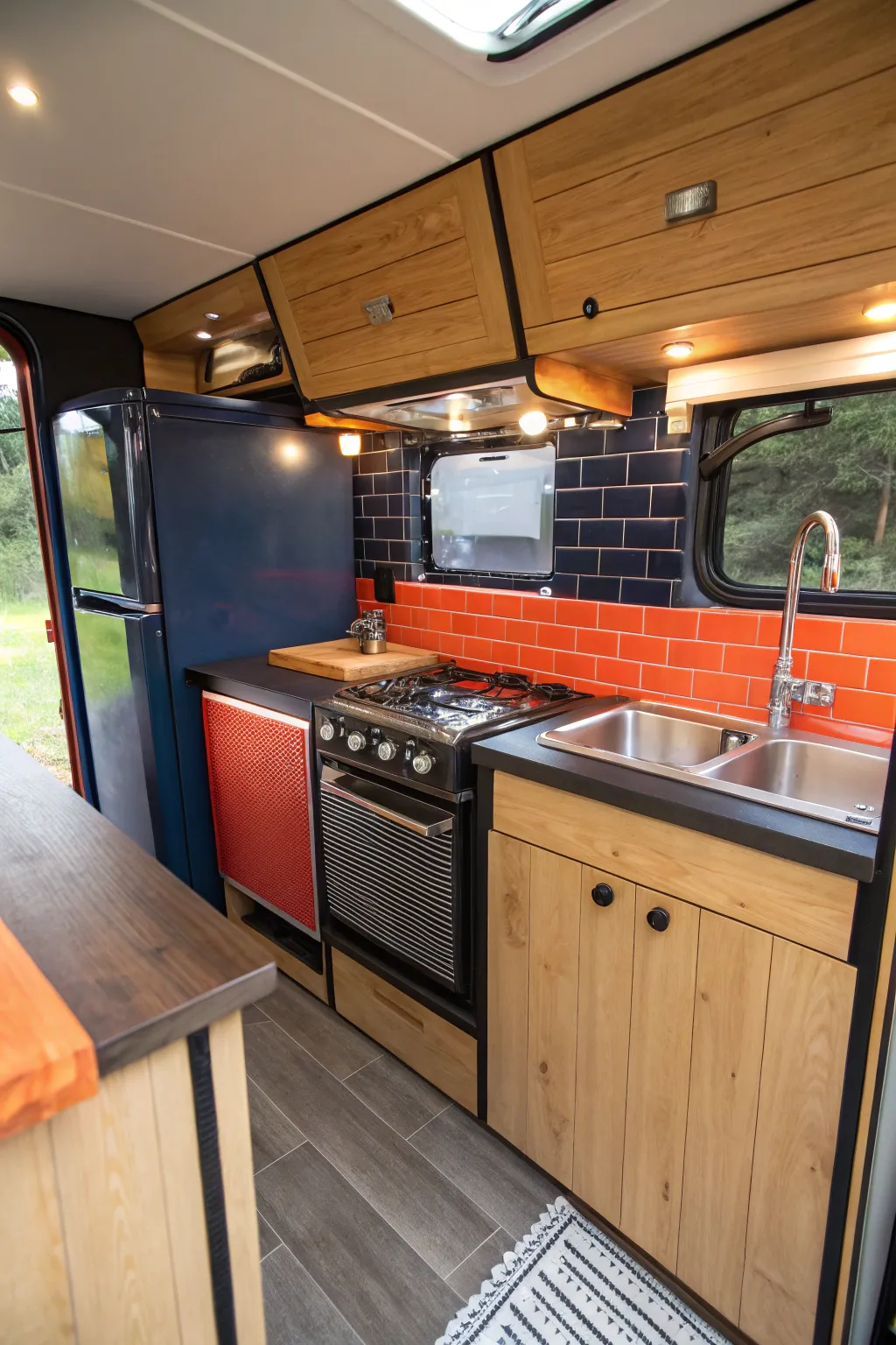 Transform your bus into a culinary haven with a compact kitchen that doesn't compromise on style or function.
