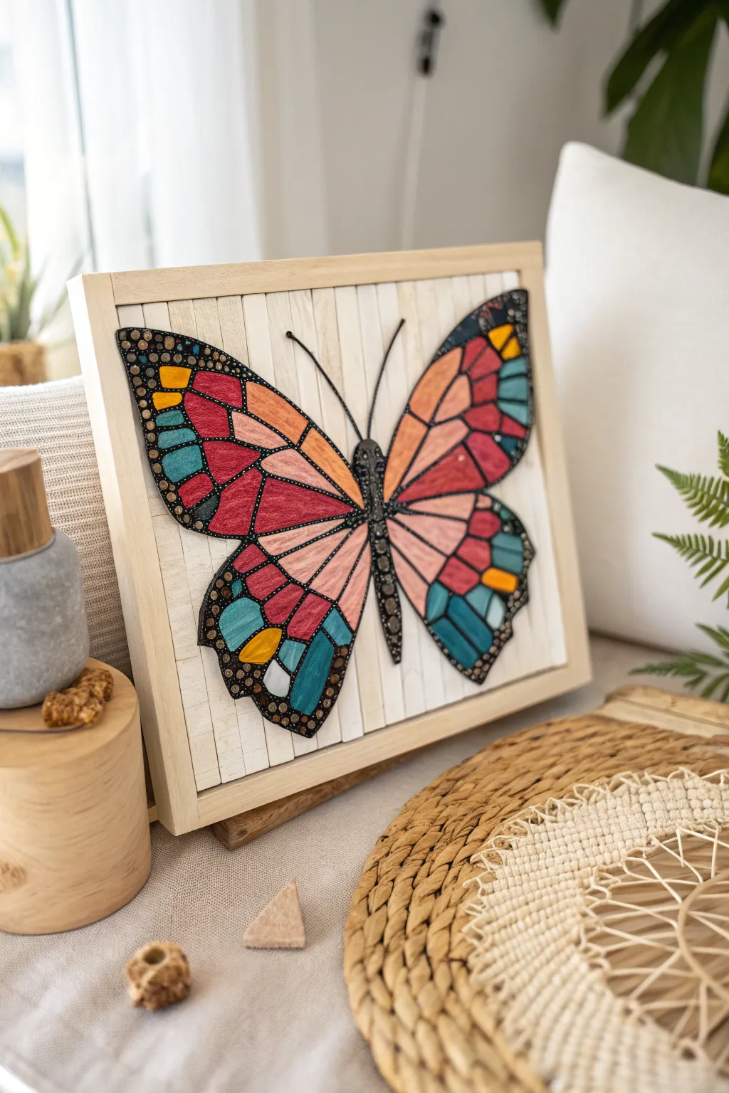 Transforming scraps into beauty: a vibrant mosaic butterfly emerges from simple pieces.