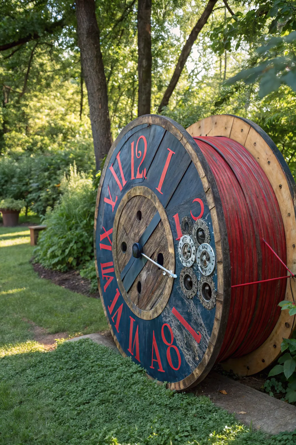 Time stands still with this stunning garden clock made from a cable spool. A true testament to craftsmanship and creativity!