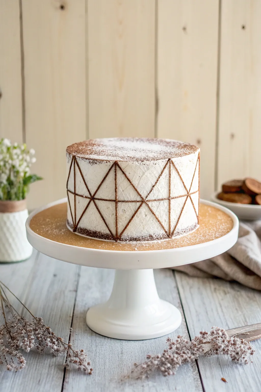 Elevate your cake game with stunning geometric dusting techniques for a chic and modern dessert centerpiece!