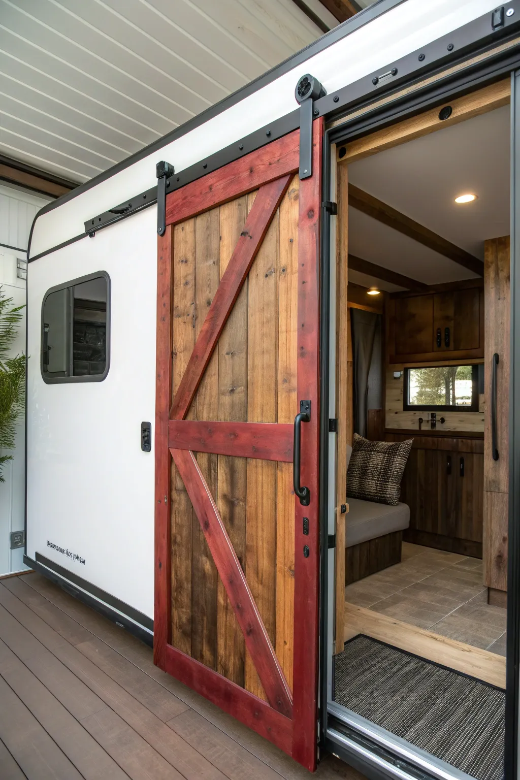 Elevate your camper's style with a bold barn door, merging rustic charm with modern functionality.