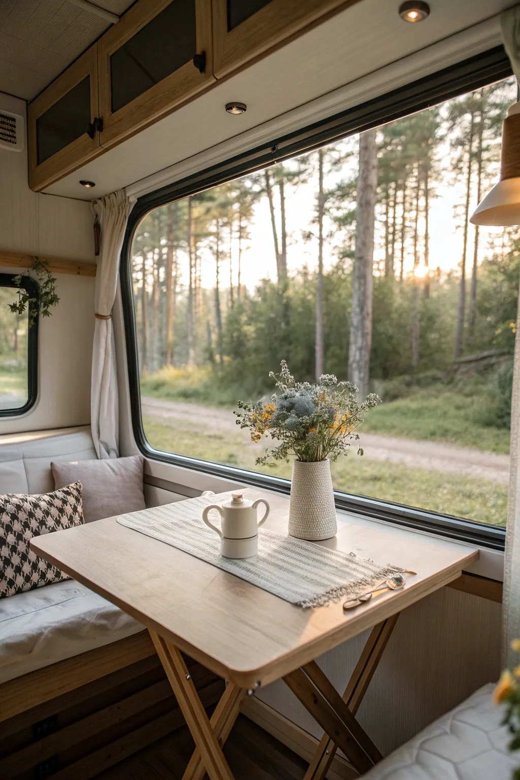Embrace the beauty of nature with a fold-out table by the window, perfect for a cozy breakfast with a view. #ScandinavianSimplicity #CamperDesign