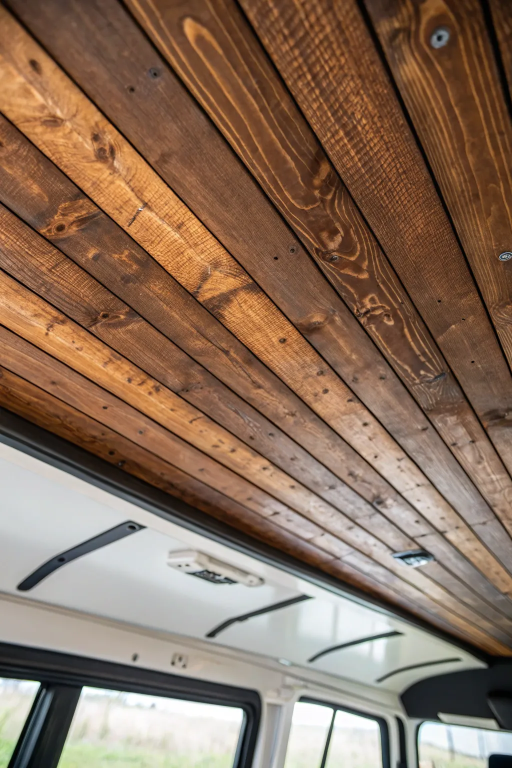 Elevate your campervan's interior with the timeless charm of rustic wooden slats.
