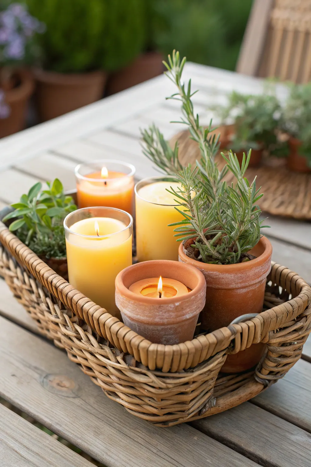Illuminate your garden gatherings with this charming citrus candle and herb basket centerpiece.
