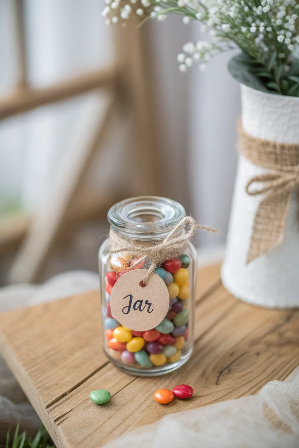 Elevate your teacher appreciation gift with this charming candy jar, blending rustic elegance and colorful delight.