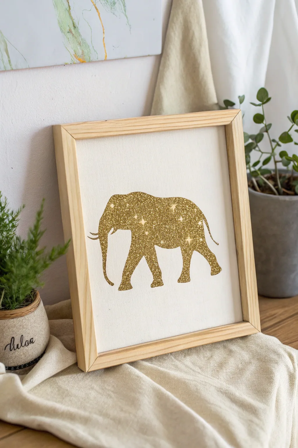 Add a touch of whimsy to your decor with this sparkling elephant silhouette canvas. Perfect for those who love minimalist design with a hint of boho charm.