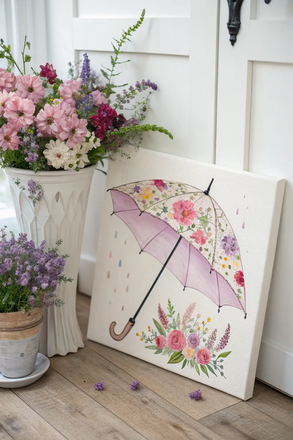 Transforming raindrops into petals: A whimsical dance of blooms under an umbrella.
