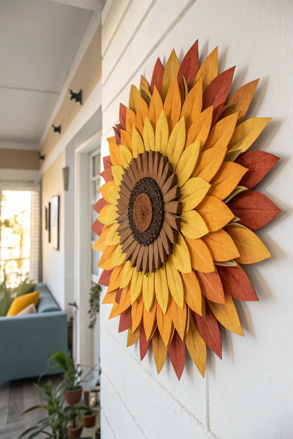 Bring sunshine indoors with this stunning cardboard sunflower sculpture, where minimalist design meets bold beauty.