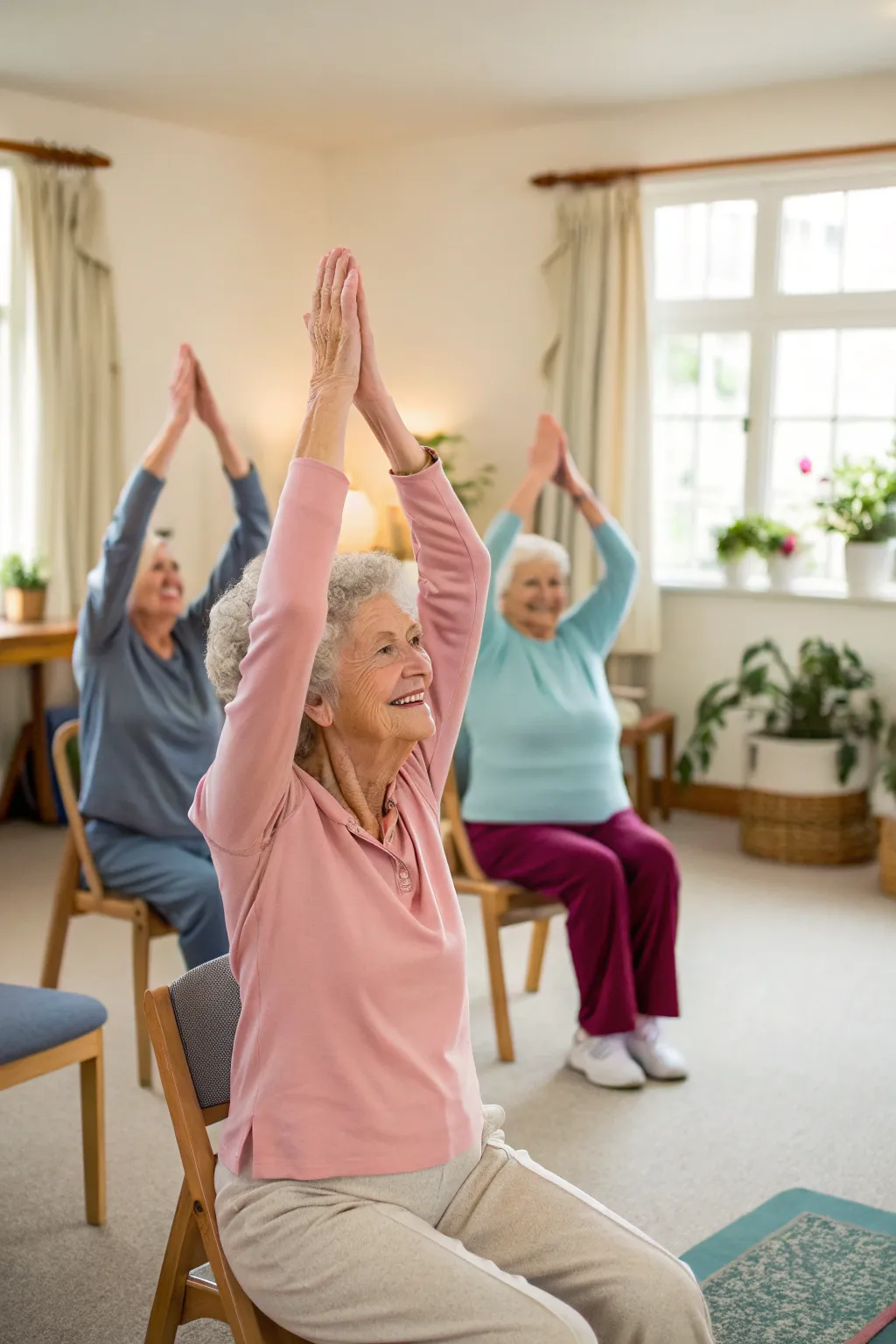 Residents enjoy a peaceful chair yoga session, promoting wellness and relaxation.