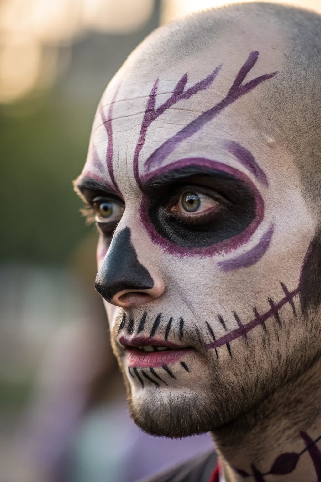 Master the art of the undead with this striking sunken eye effect face paint.