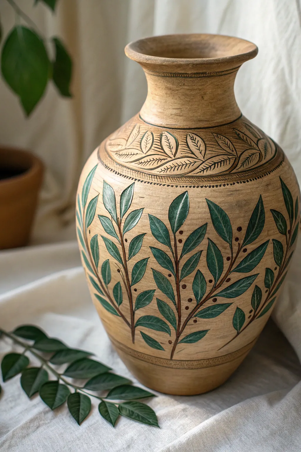Embrace the beauty of nature with this stunning leaf-carved pottery, perfect for adding an organic touch to your minimalist decor.