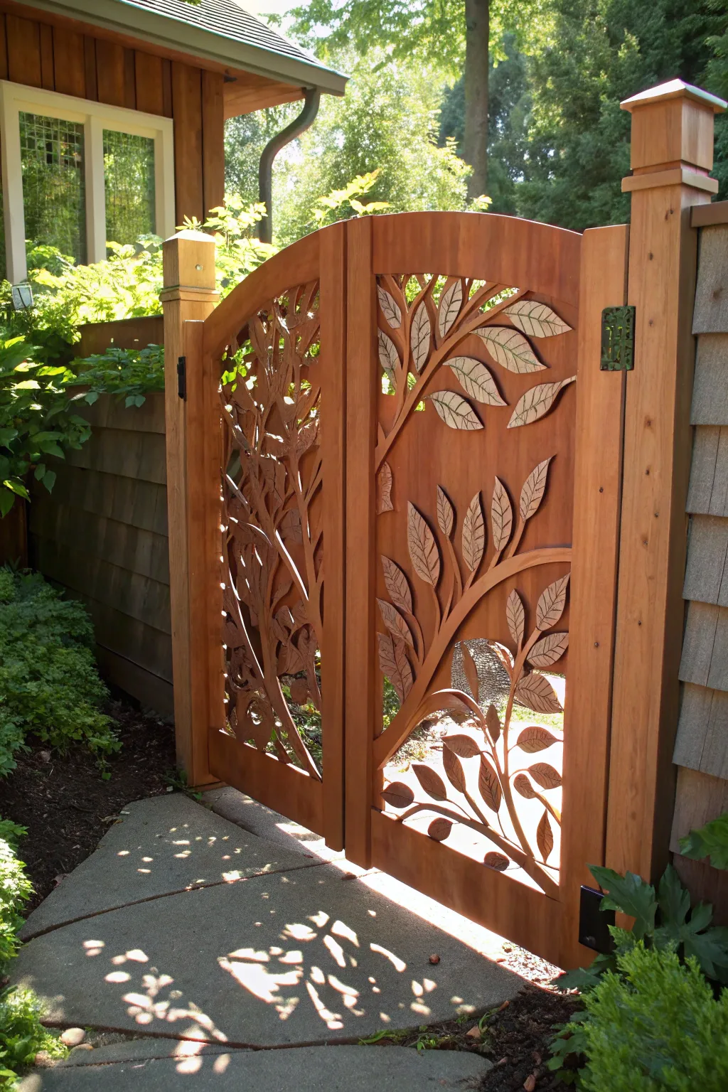 Unlock the artistry of your garden with a cedar gate that whispers elegance through its leaf-shaped cutouts.