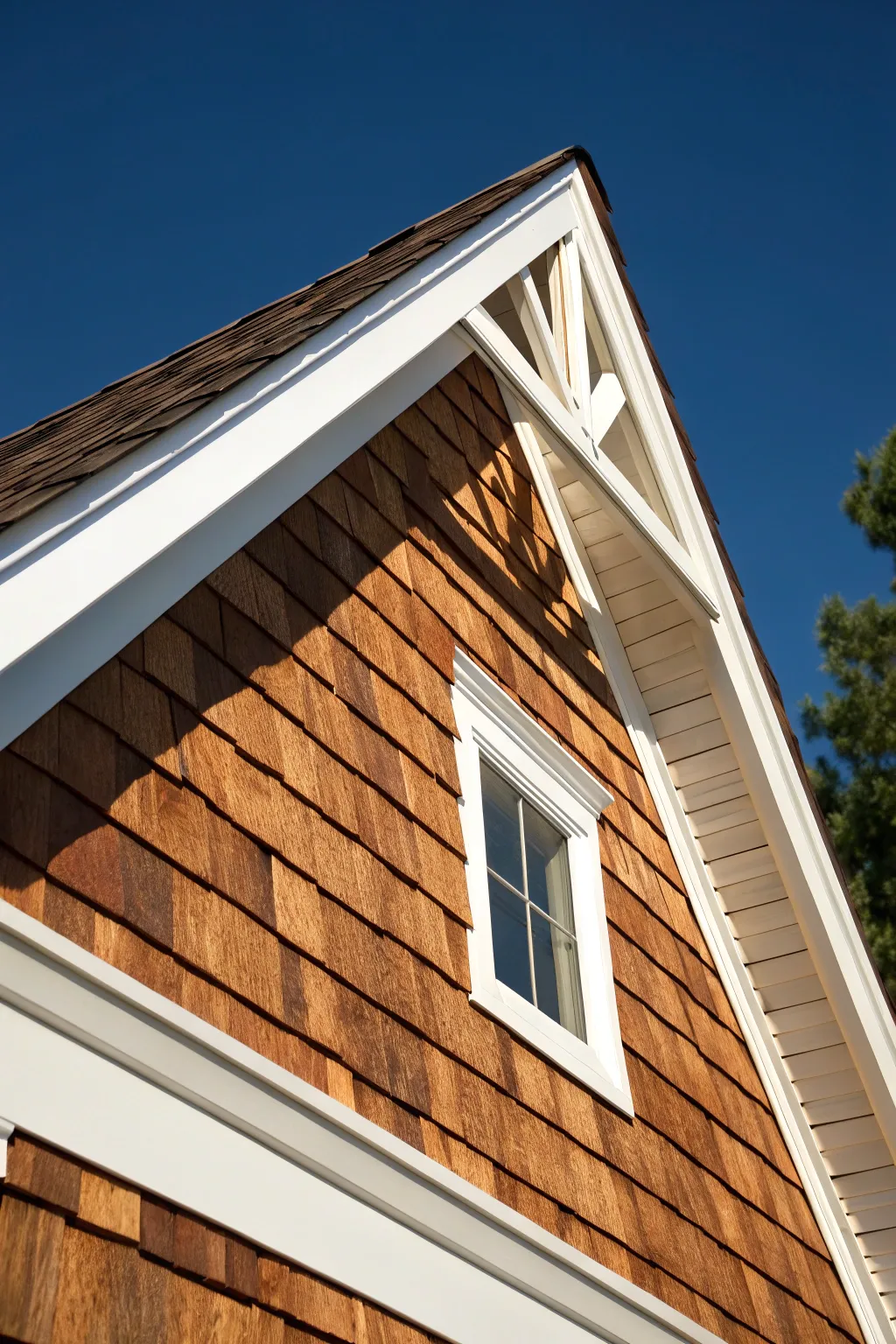 Elevate your cedar gable design with bold white trim for a stunning contrast that highlights craftsmanship.