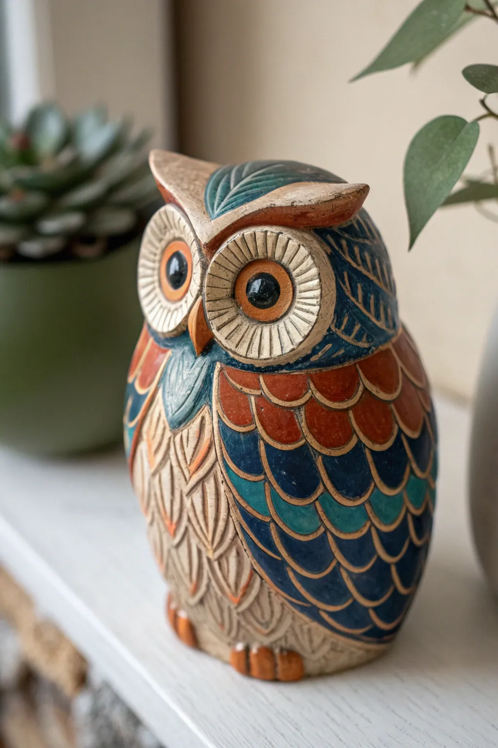 Discover the artistry of textured feather designs on ceramic owls—where craftsmanship meets natural beauty.