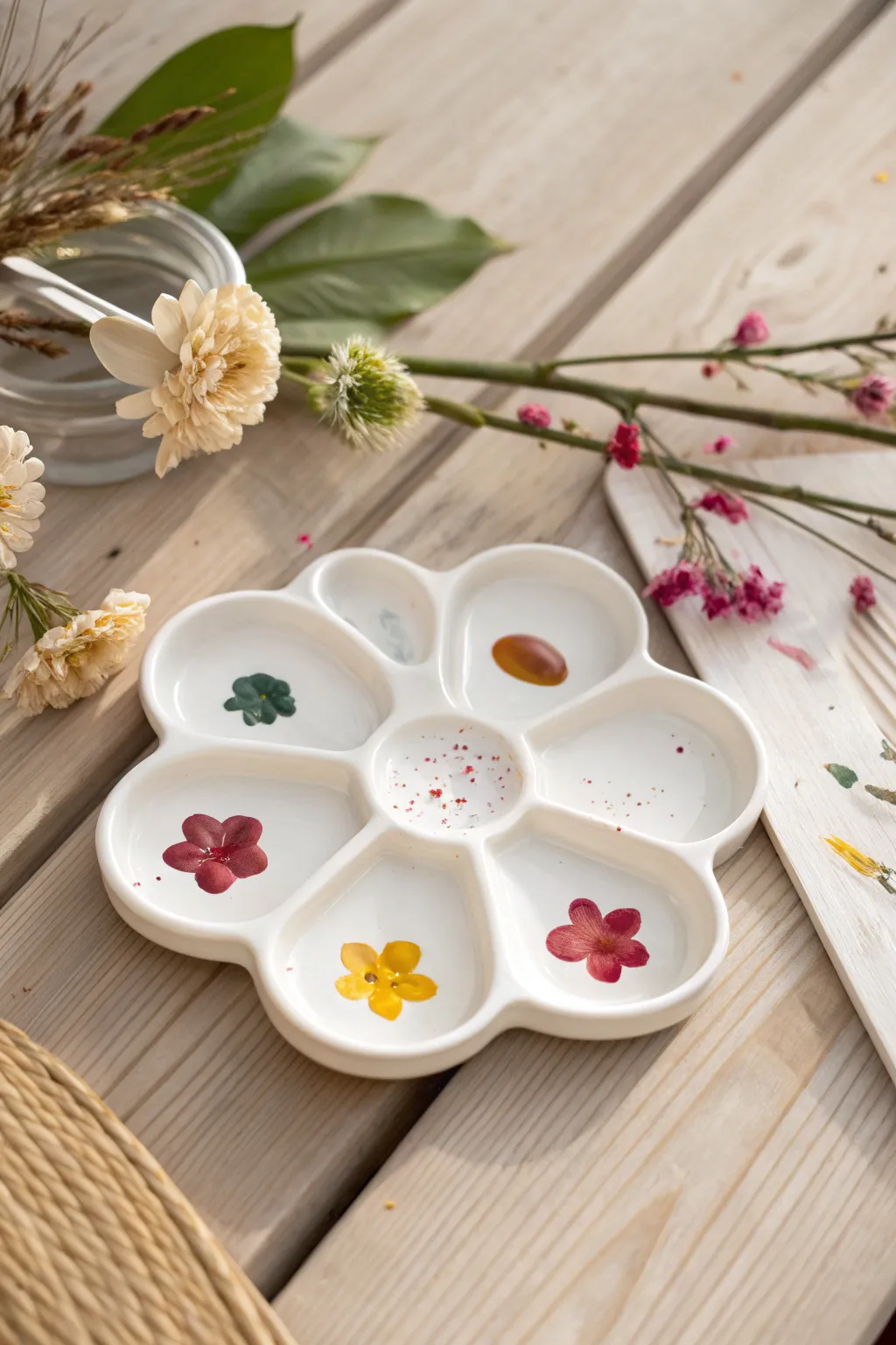 Unleash your creativity with this petal-shaped ceramic palette, where art and elegance intertwine.
