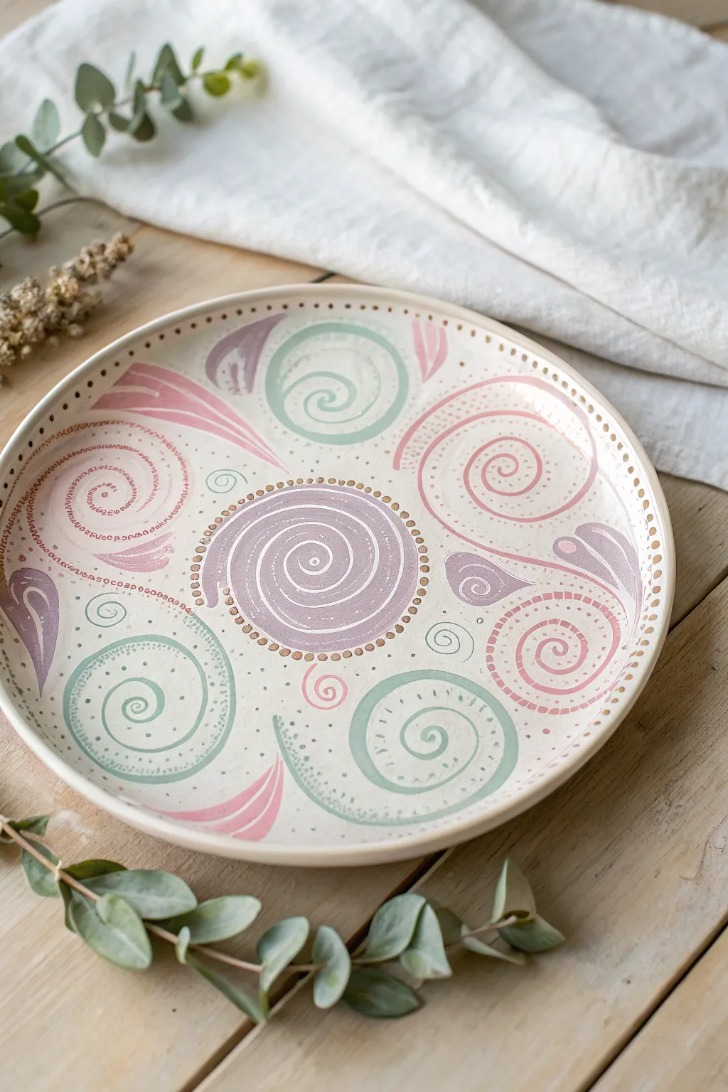 Add a touch of whimsy to your dining with playful swirls on a handcrafted ceramic plate. #CeramicArt #ScandinavianBoho