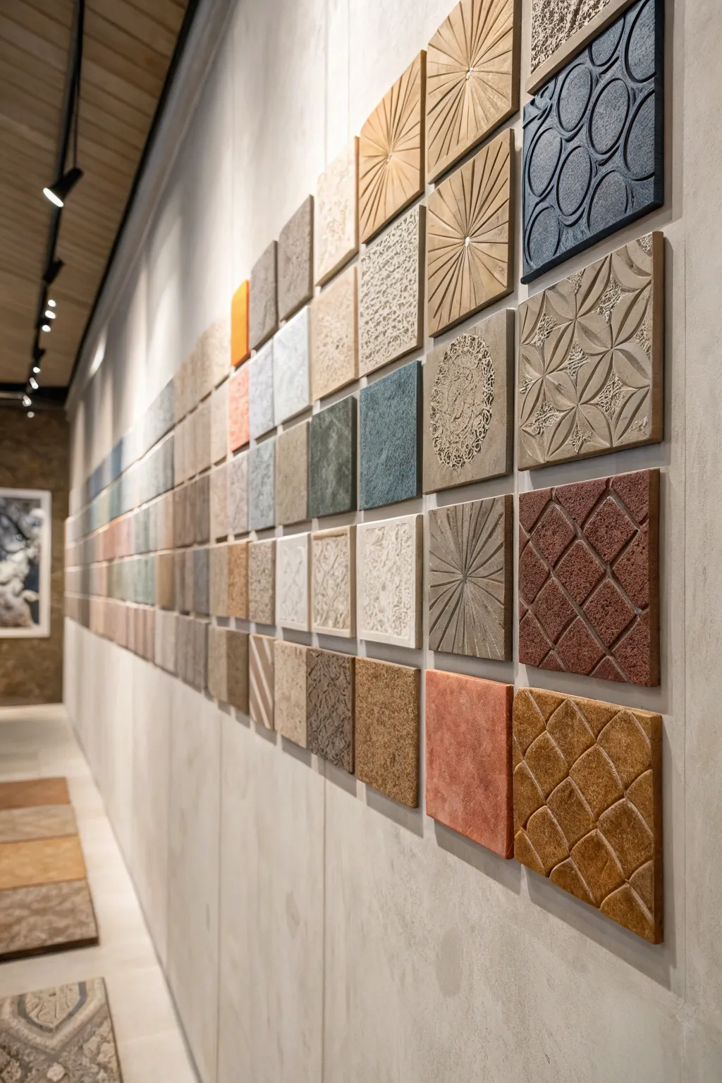 Transform your space with a captivating display of ceramic test tiles, blending simplicity and boldness.