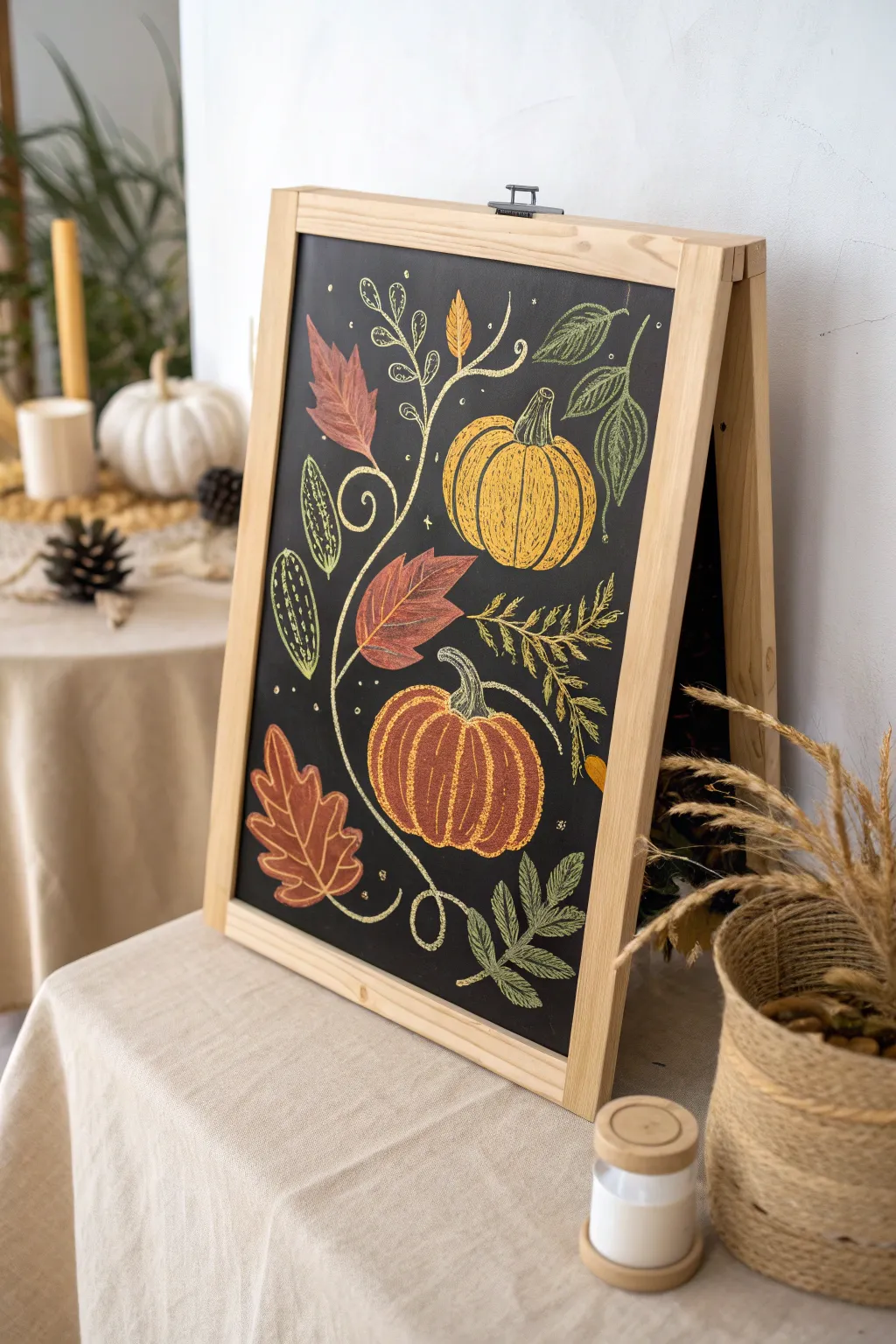 Embrace the cozy vibes of fall with a stunning chalkboard masterpiece that celebrates the season's natural beauty.