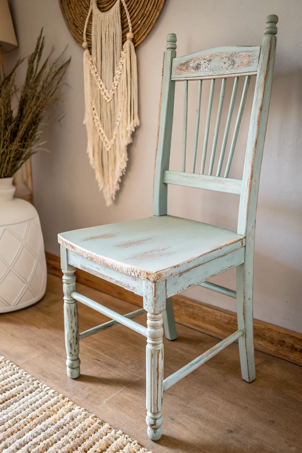Transform your space with vintage charm: a beautifully distressed chalk-painted chair that speaks to simplicity and elegance.