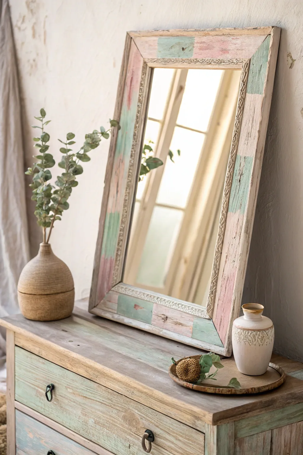 Embrace nostalgia with a shabby chic mirror frame, where rustic charm meets minimalist elegance.