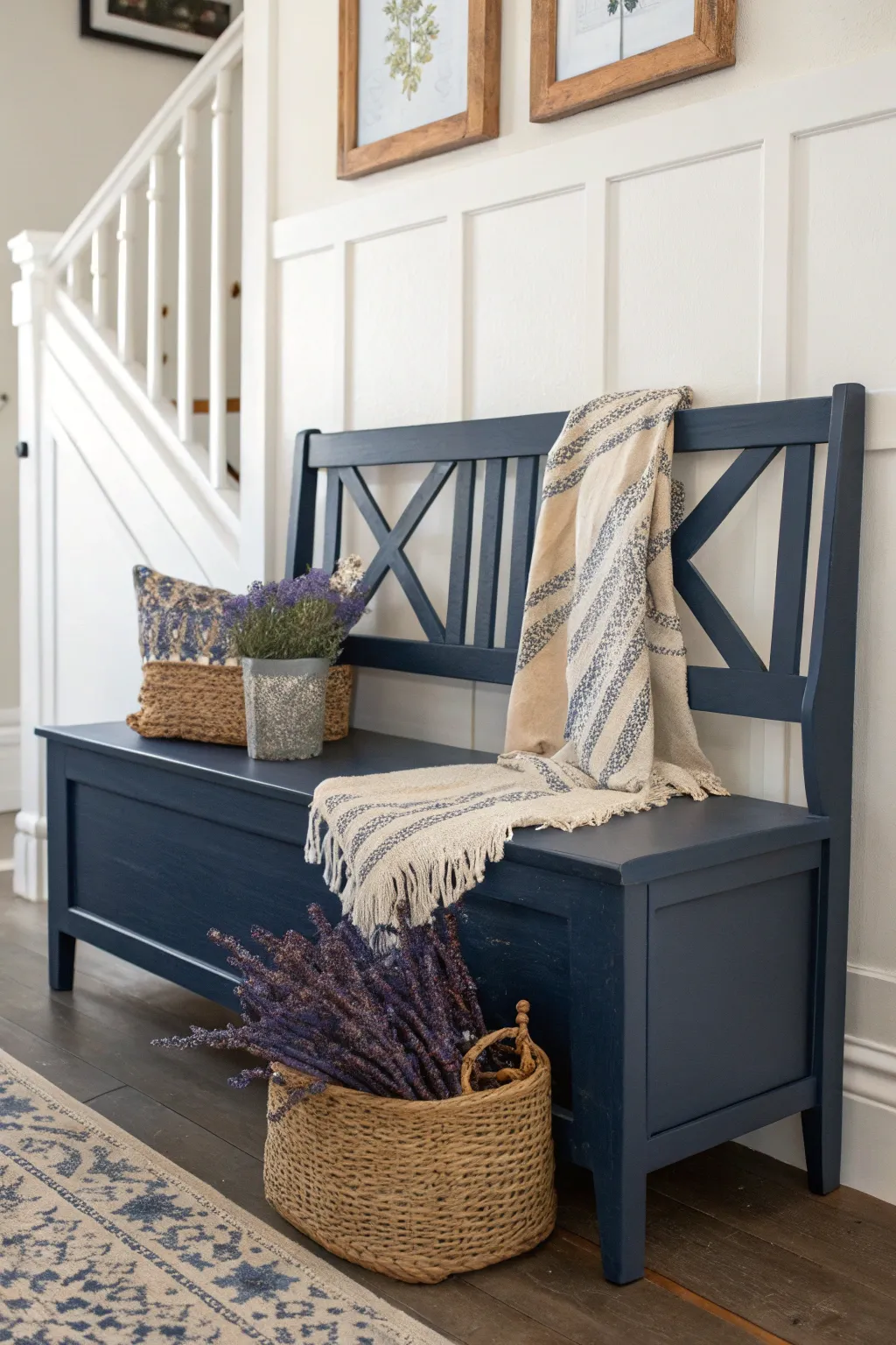 Make a bold statement with a navy chalk-painted bench – where minimalist design meets vibrant elegance.