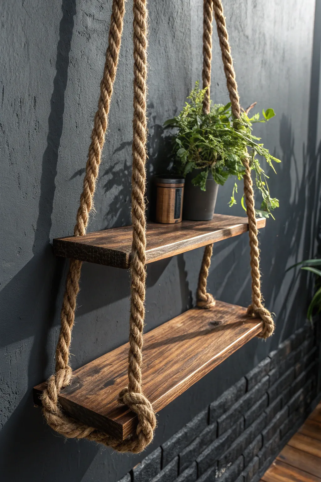 Elevate your space with handcrafted style: rustic rope meets rich wood in this bold hanging shelf design.