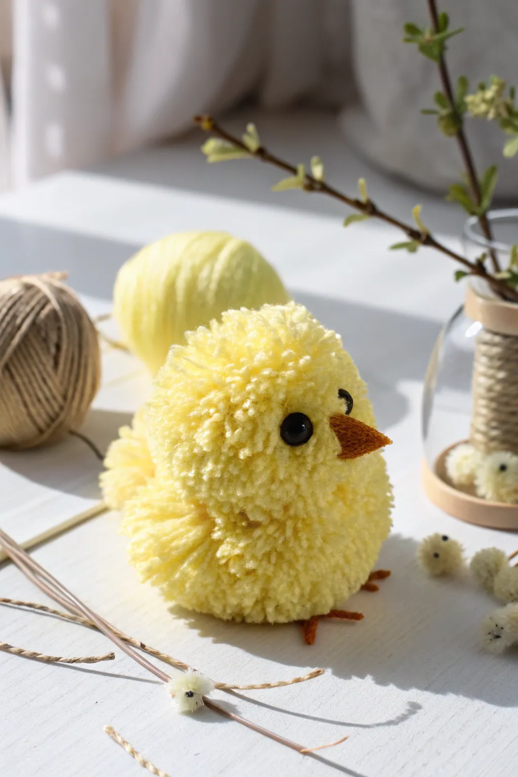 Embrace the charm of simplicity with these delightful pom-pom chicks, perfect for adding a touch of handmade elegance to your decor.