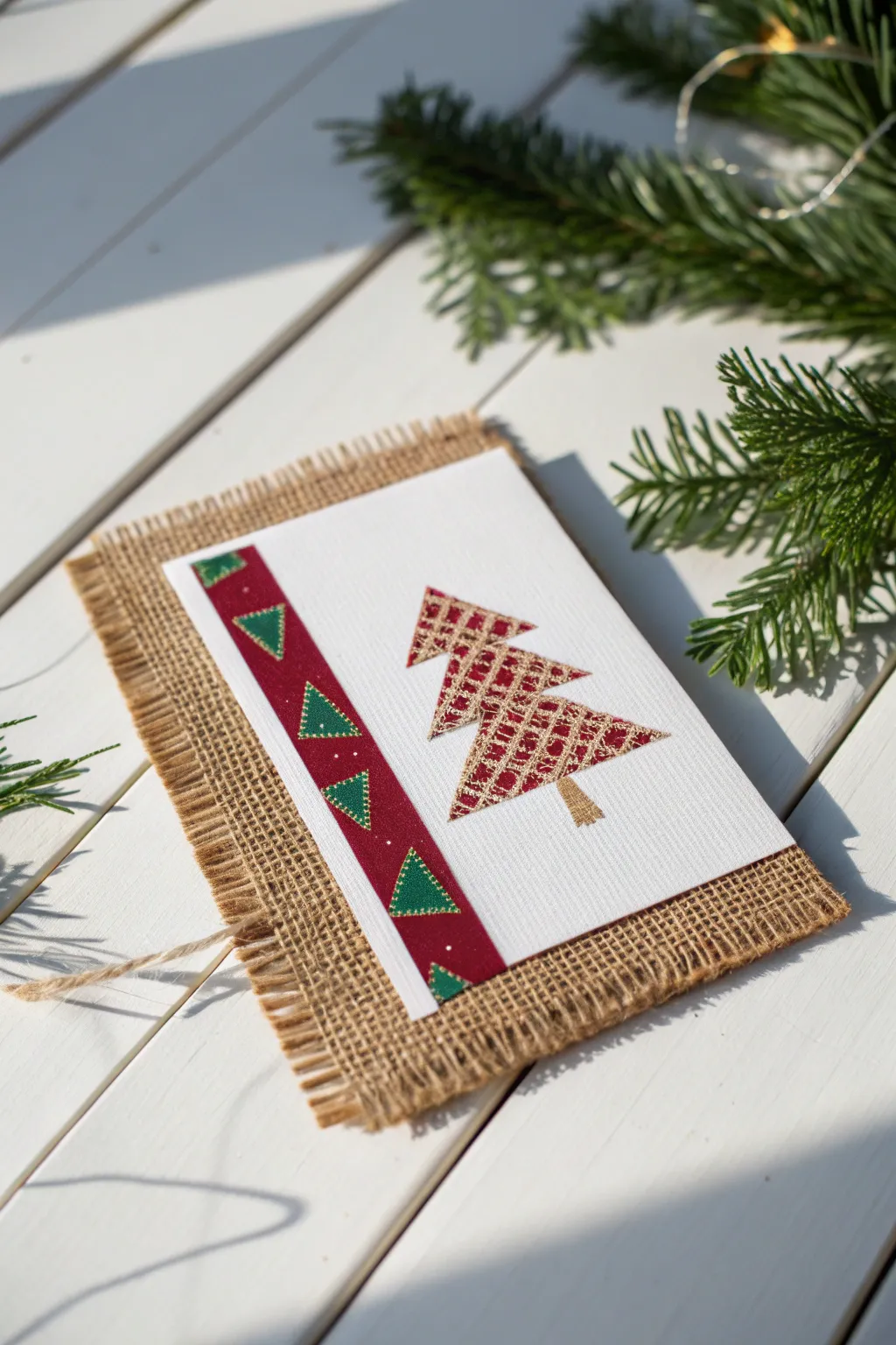 Embrace rustic elegance with a burlap border for your Christmas cards. #MinimalistCharm #BohoChristmas