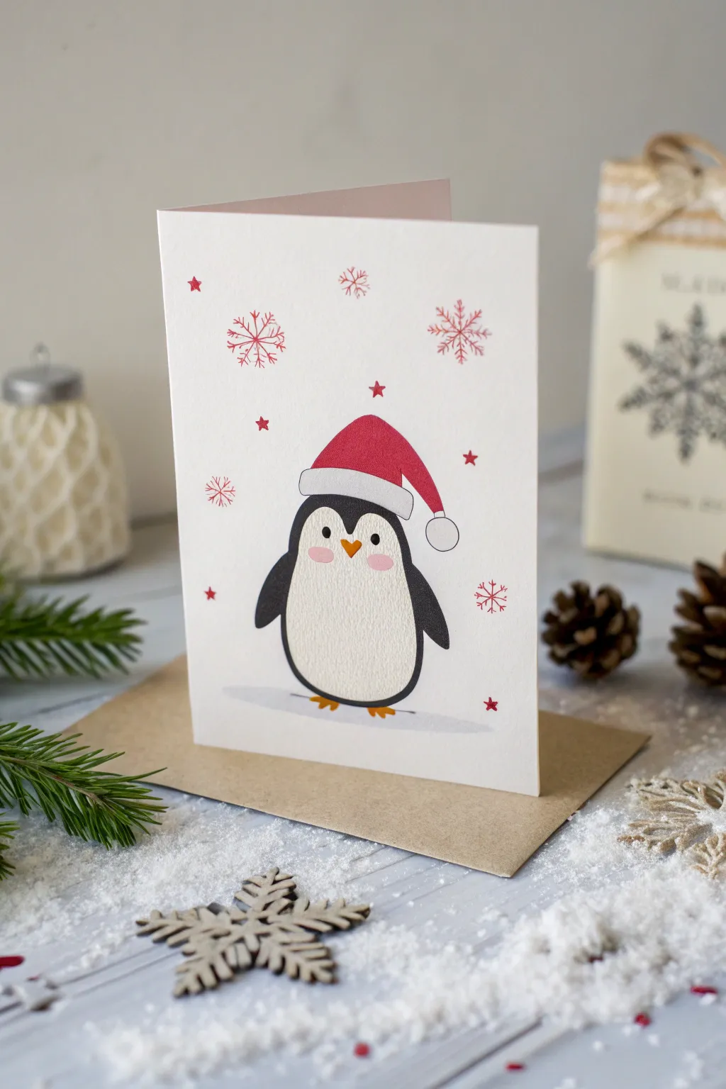 Spread holiday cheer with a minimalist penguin in a Santa hat—perfect for your best friend's Christmas card!