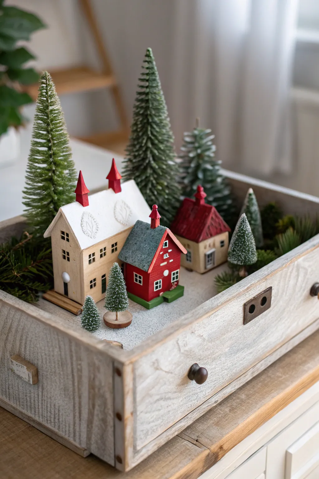 Discover the magic of a Christmas village nestled in a rustic drawer, where simplicity meets stunning craftsmanship.