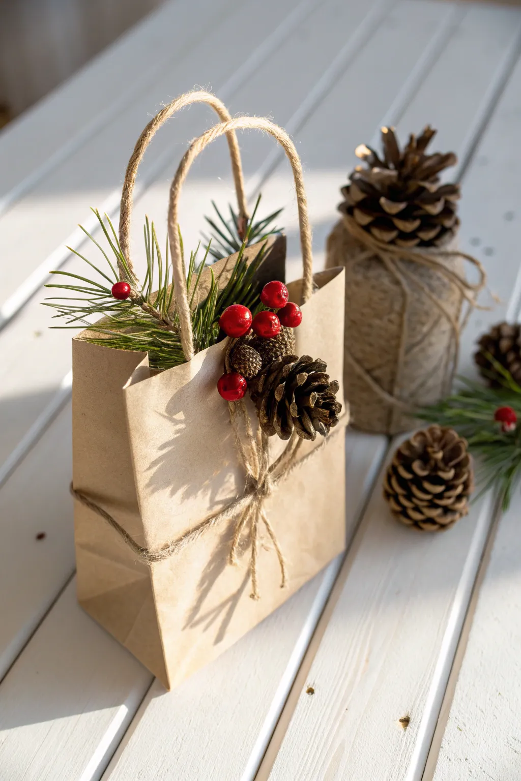 Embrace the beauty of nature with this stunning pine cone and berry gift bag, perfect for a minimalist Christmas aesthetic.