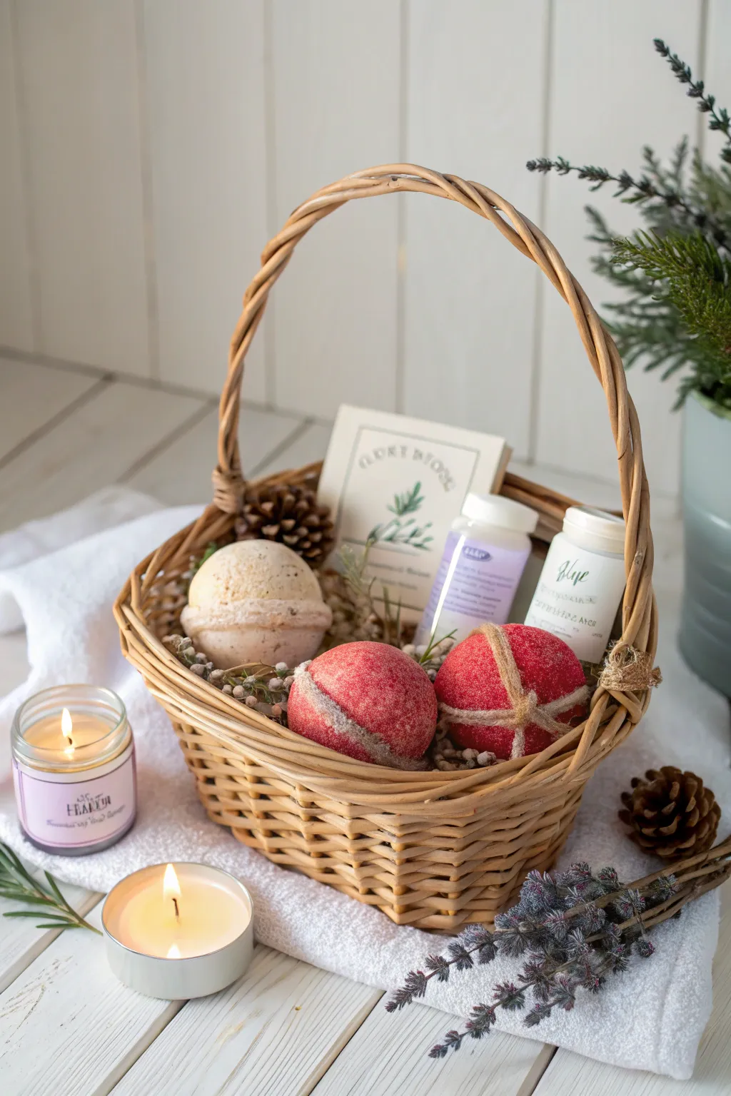 Indulge in a Scandinavian-inspired spa retreat basket, the perfect holiday escape.