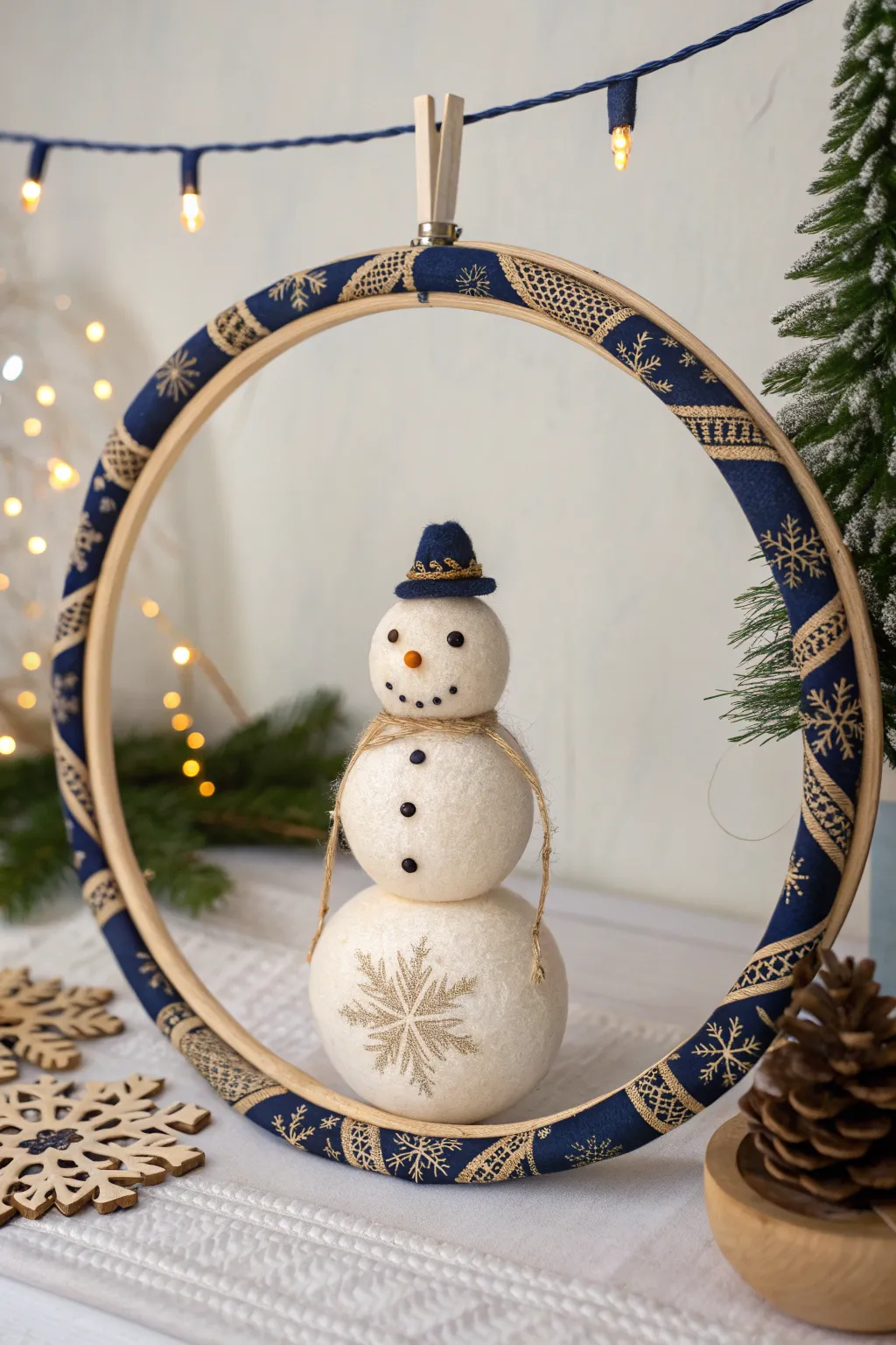 Embrace the season with a touch of minimalist magic: a whimsical snowman in a crafted Christmas hoop.