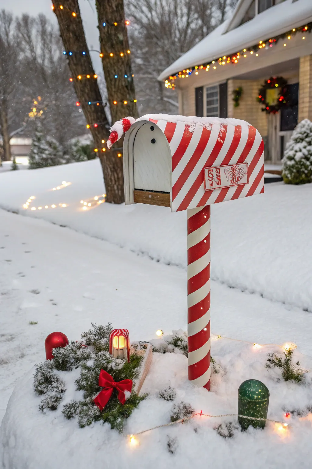 Add a sweet touch to your curb with a candy cane mailbox cover.