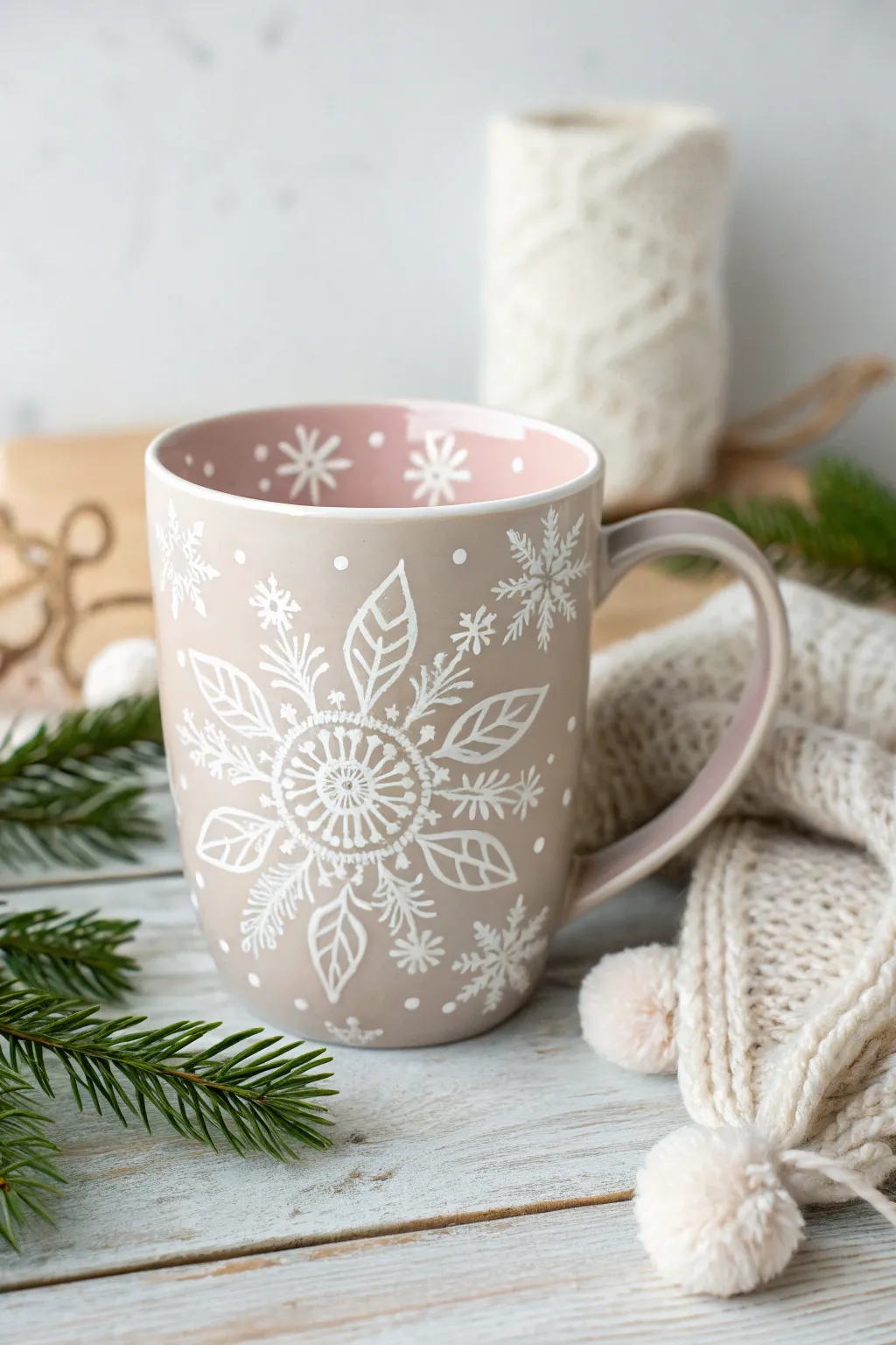 Embrace the charm of winter with a hand-painted snowflake mug, perfect for cozy moments.