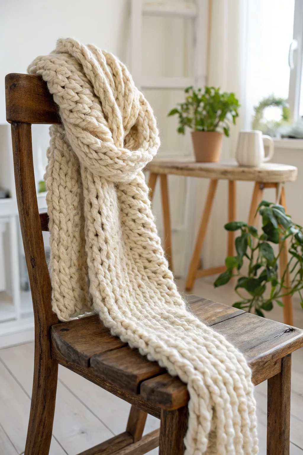 Wrap yourself in warmth and style with this DIY arm-knit scarf, the perfect blend of cozy and chic.