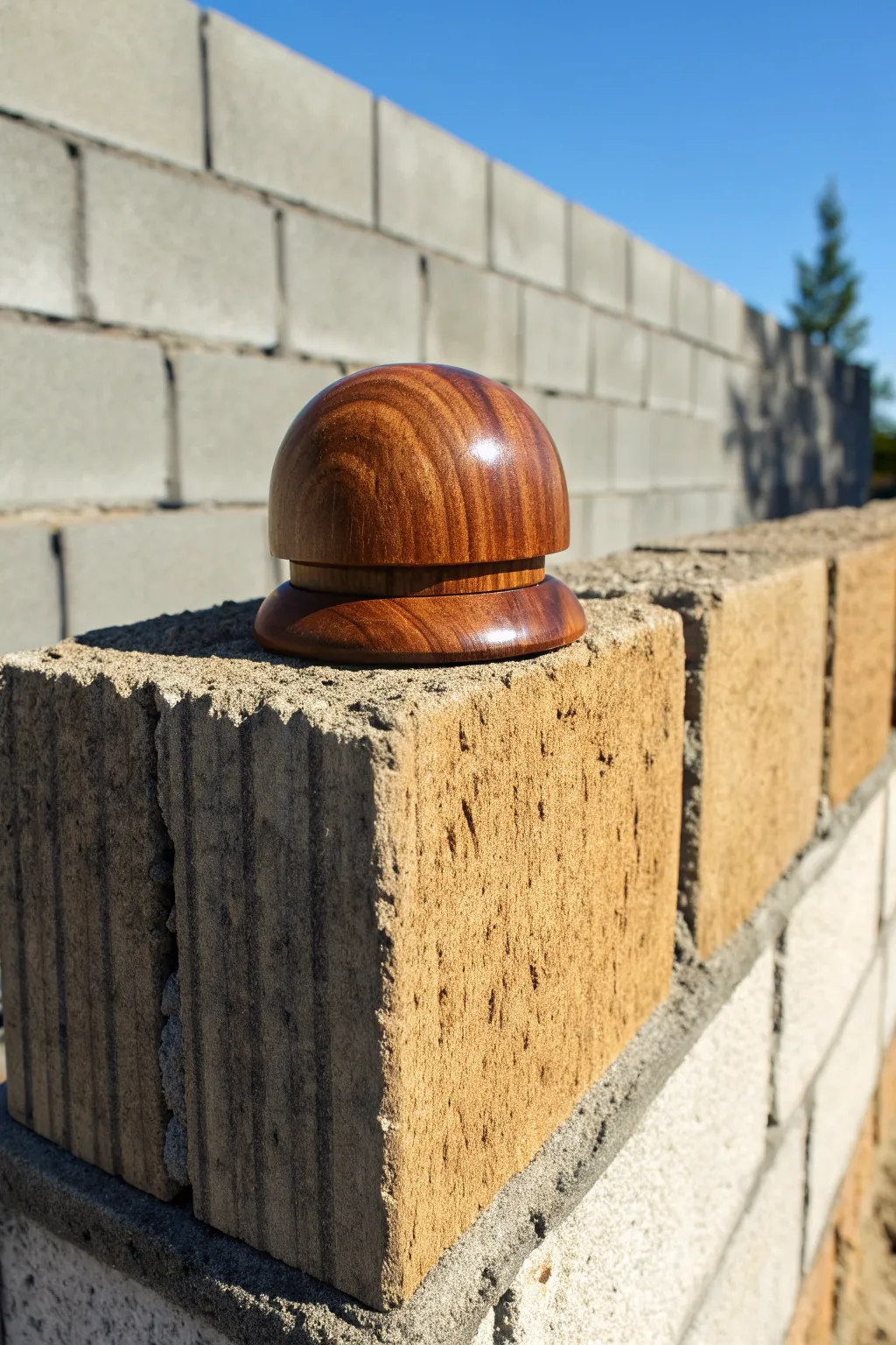 Transform your cinder block wall with the inviting warmth of wooden caps.