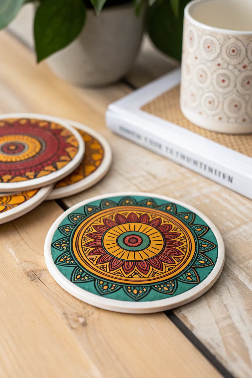 Elevate your table decor with artistic flair—craft your own custom coasters with vibrant circle stickers!