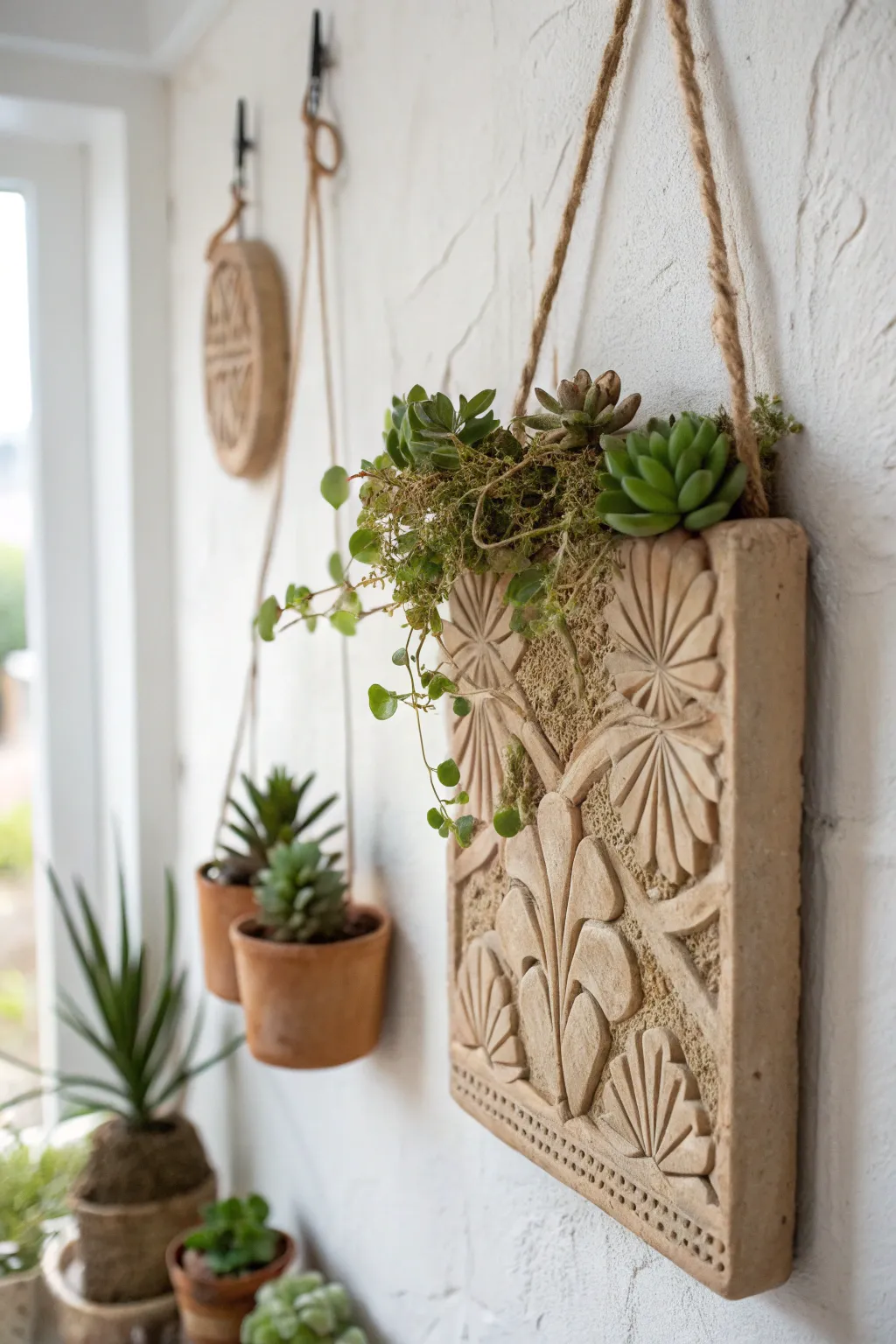 Bring nature indoors with a touch of artistry: a stunning clay and succulent wall hanging for your minimalist sanctuary.