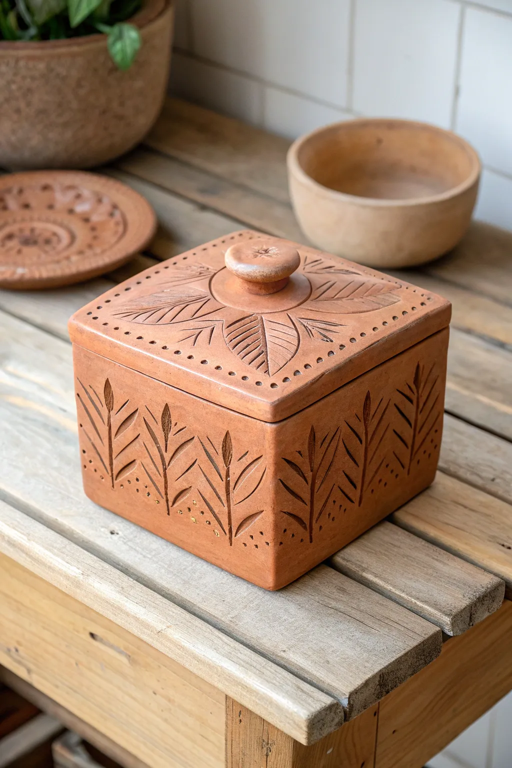 Discover the art of rustic elegance with this intricately patterned clay box, a perfect blend of Scandinavian simplicity and boho charm.