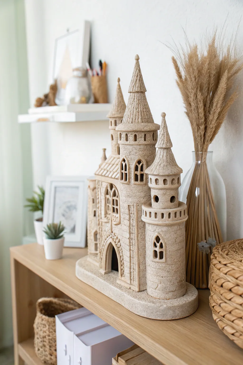 Bring a touch of fantasy to your home with a whimsical clay castle, blending minimalist charm with boho elegance.