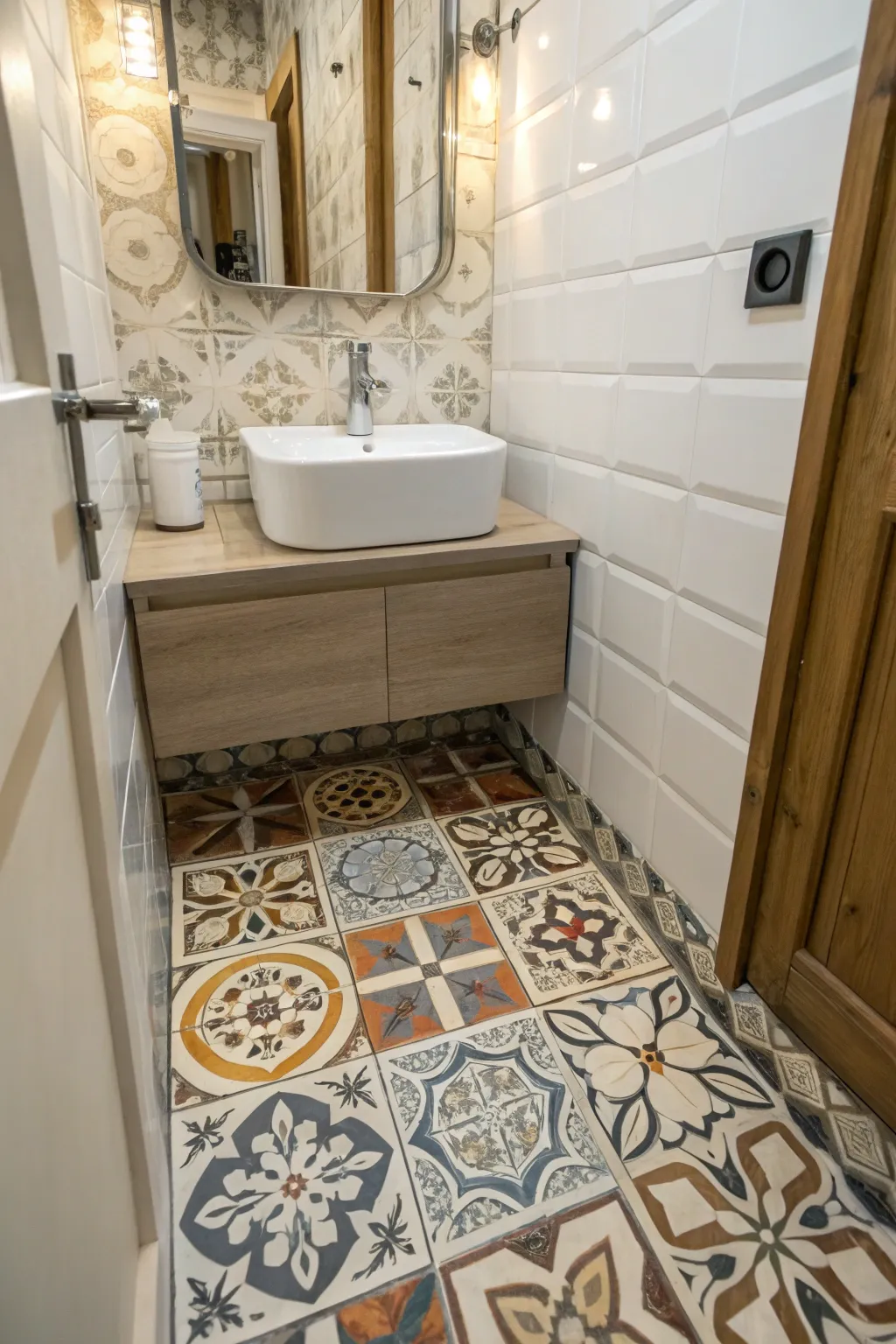 Unique flooring can be a striking feature in a small cloakroom.