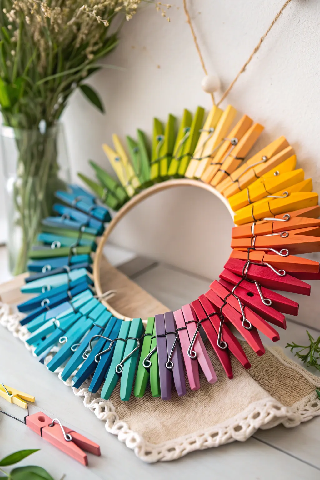 Transform your space with a rainbow of creativity: a bold, colorful clothespin wreath that inspires.