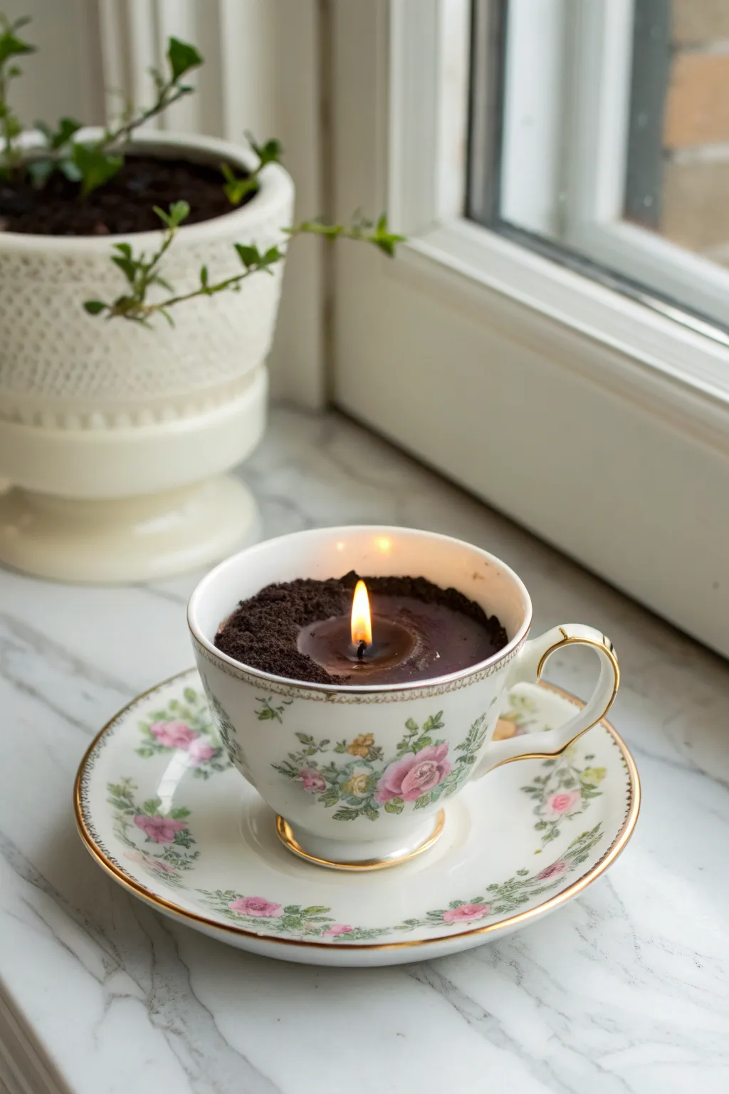 Brewed Beauty: Transform your space with the cozy aroma of a coffee ground candle in a charming thrifted teacup.