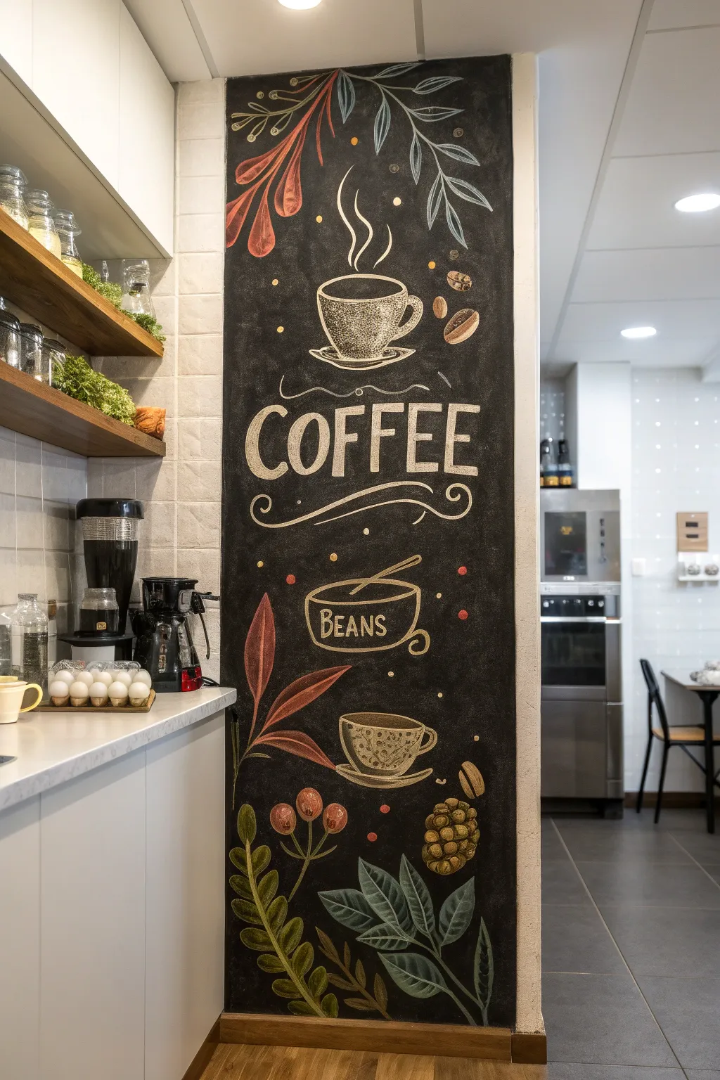 A kitchen wall featuring an artistic coffee-themed chalkboard design.