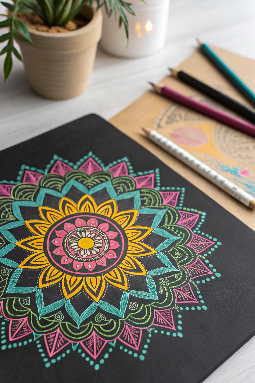 Discover the art of contrast: vibrant geometric patterns on black paper, where simplicity meets bold beauty.