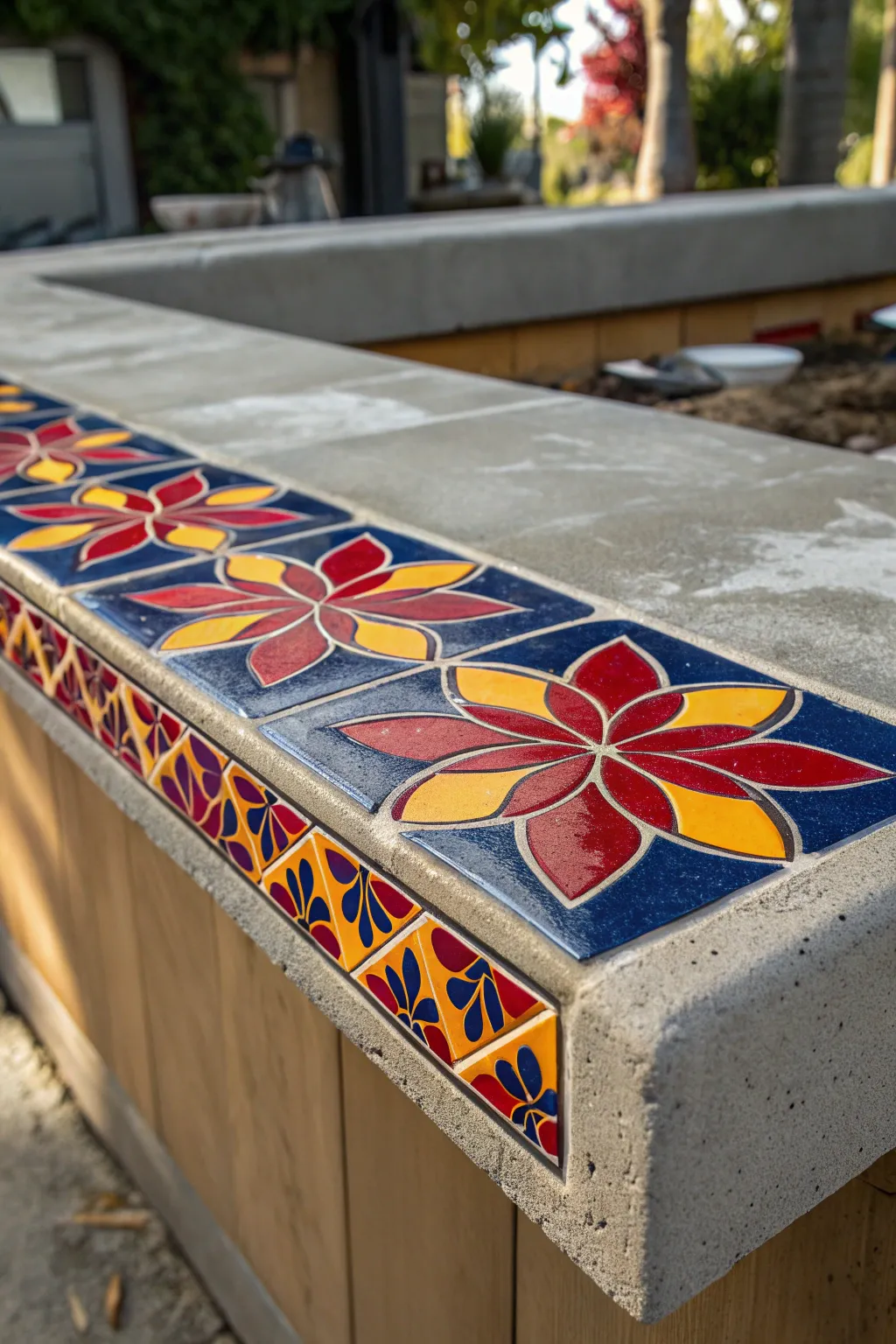 Transform your concrete countertop with vibrant ceramic tile inlays for a bold statement piece.